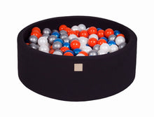 Carica l&#39;immagine nel visualizzatore di Gallery, Baby Foam Round Ball Pit 90x30cm with 200 Balls 7cm Certified, Cotton, Black: Blue Pearl/White Pearl/Orange/Silver