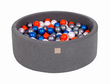 Carica l&#39;immagine nel visualizzatore di Gallery, Baby Foam Round Ball Pit 90x30cm with 200 Balls 7cm Certified, Cotton, Dark Gray: Blue Pearl/White Pearl/Orange/Silver