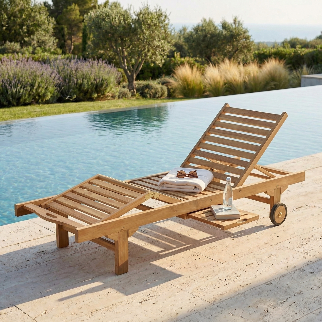 ARTICULATED TEAK GARDEN SUN BED WITH WHEELS