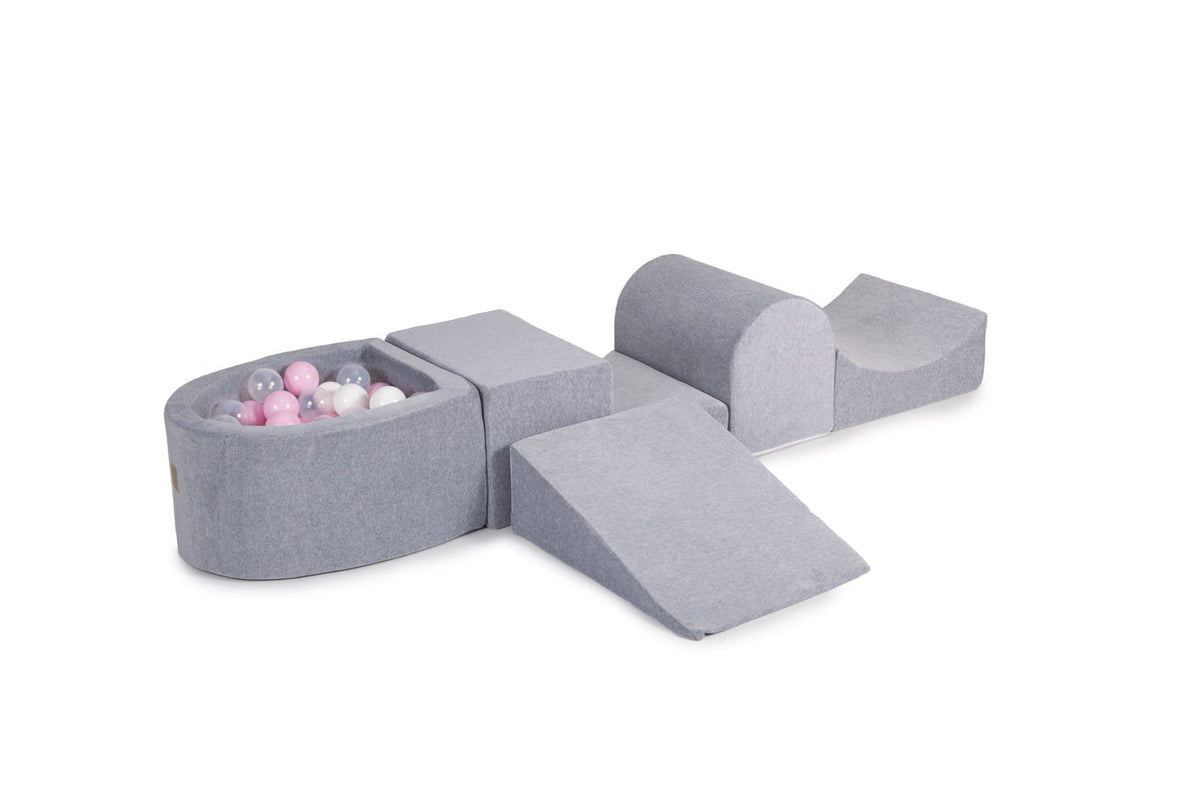Foam Playset with Small Ball Pit Playground for Children with 100 Balls Certified, Velvet, Light Gray: Pastel Pink/Transparent/White