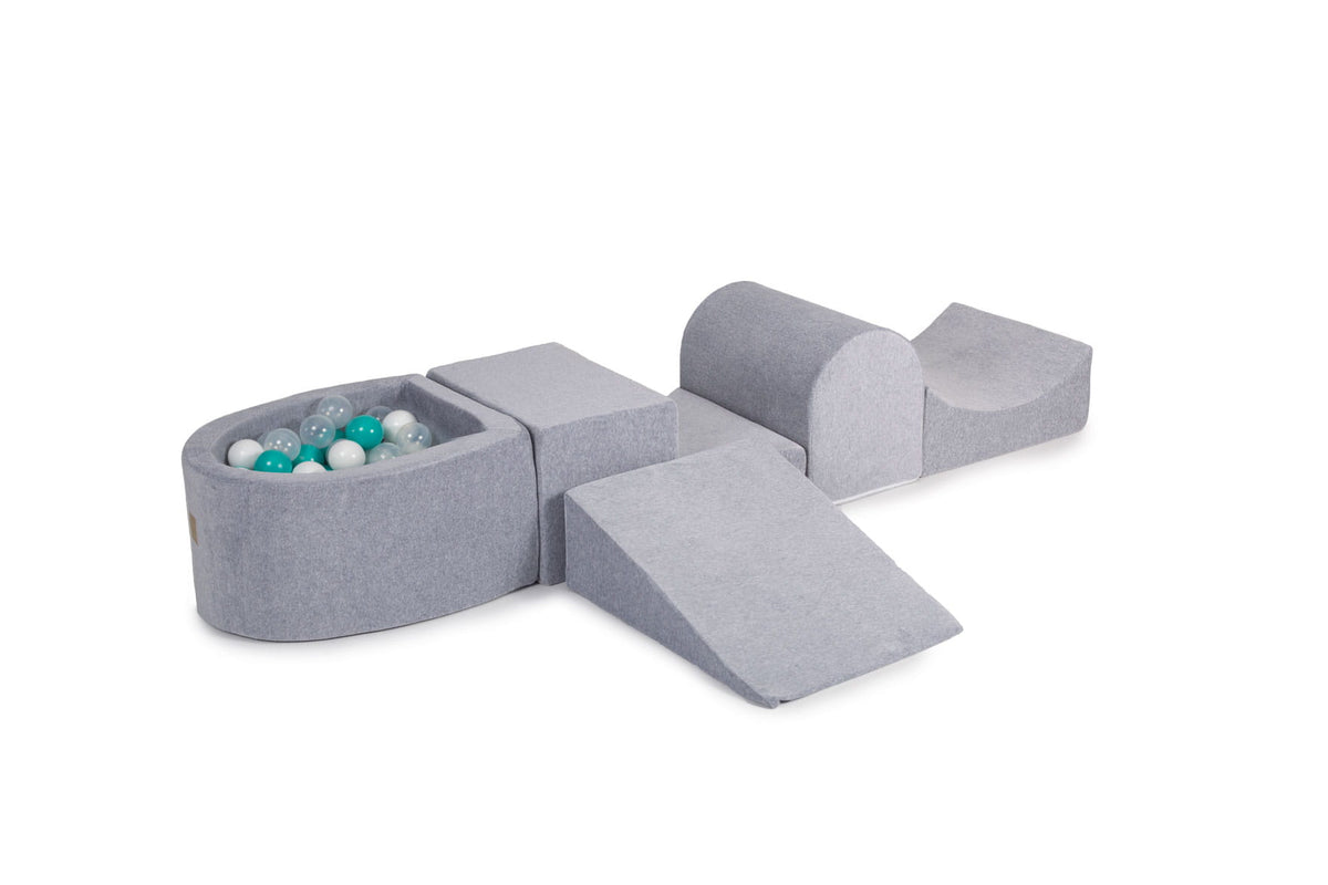 Foam Playset with Small Ball Pit Playground for Children with 100 Balls Certified, Velvet, Light Gray: White/Turquoise/Transparent