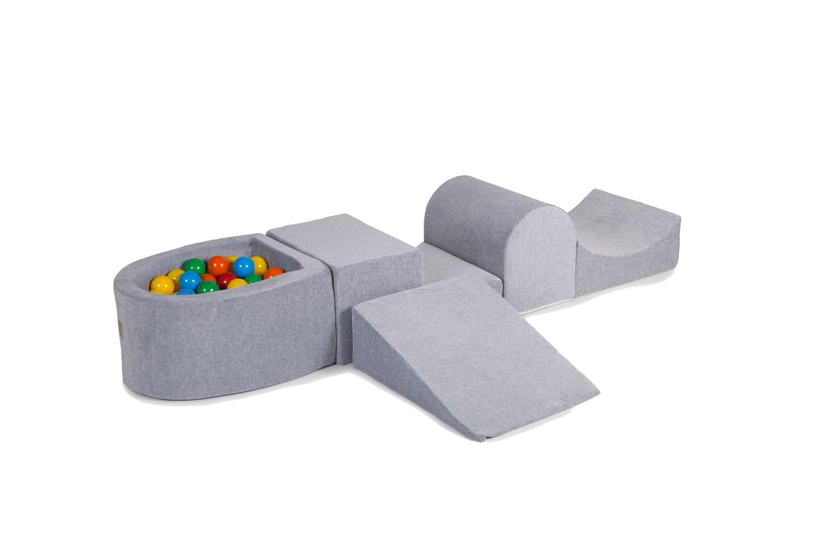 Foam Playset with Small Ball Pit Playground for Children with 100 Balls Certified, Velvet, Light Gray: Yellow/Orange/Red/Green/Blue