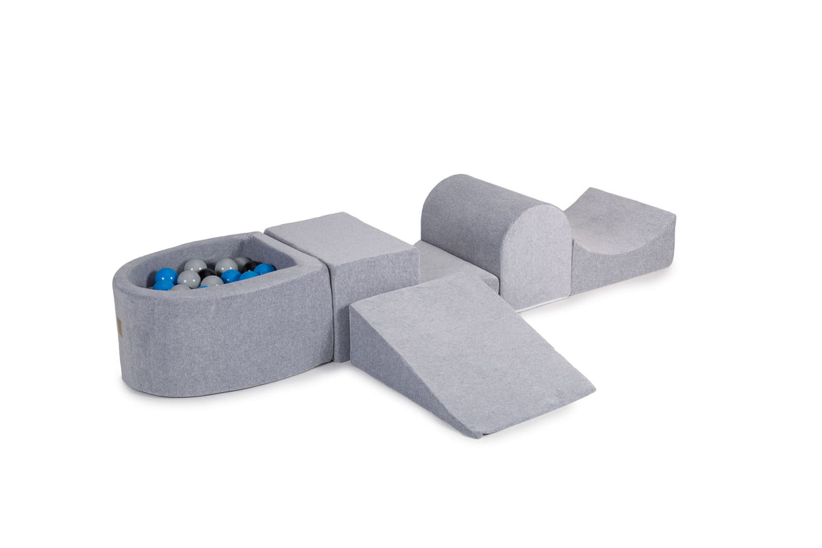 Foam Playset with Small Ball Pit Playground for Children with 100 Balls Certified, Velvet, Light Gray: Blue/Gray/Black