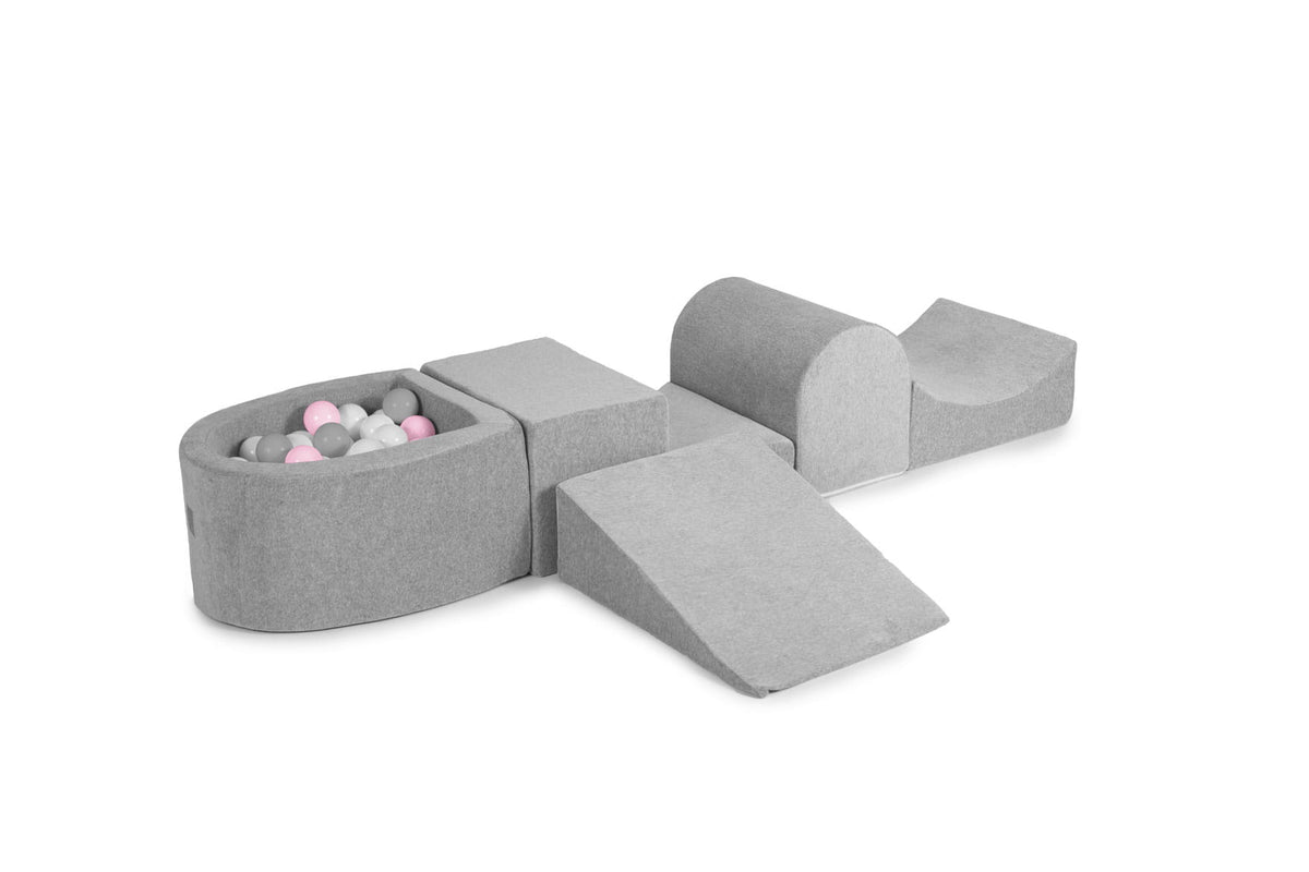 Foam Playset with Small Ball Pit Playground for Children with 100 Balls Certified, Velvet, Light Gray: Gray/White/Pastel Pink