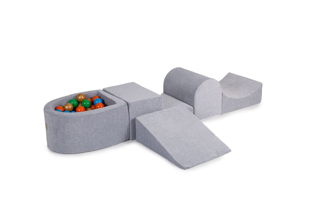 Foam Playset with Small Ball Pit Playground for Children with 100 Balls Certified, Velvet, Light Gray: Gold/Green/Orange/Blue
