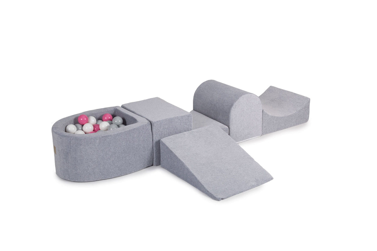 Foam Playset with Small Ball Pit Playground for Children with 100 Balls Certified, Velvet, Light Gray: Gray/White/Light Pink