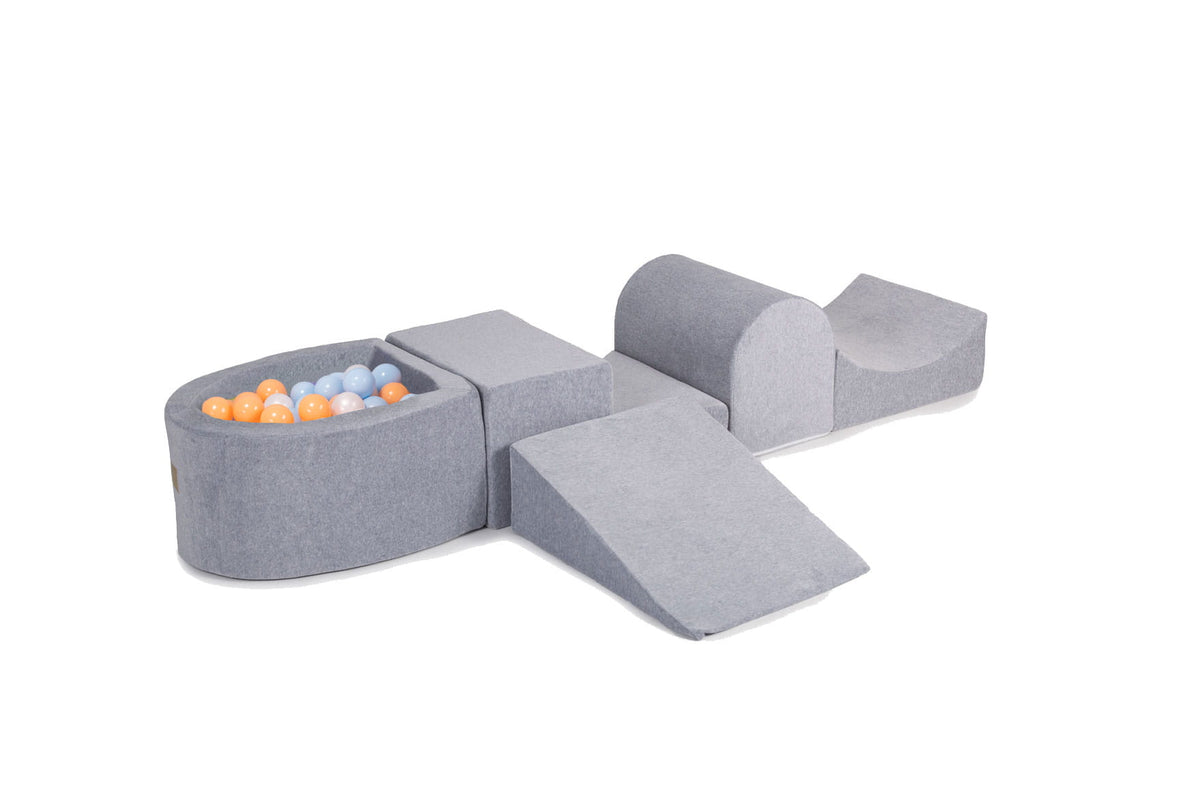 Foam Playset with Small Ball Pit Playground for Children with 100 Balls Certified, Velvet, Light Gray: Baby Blue/White Pearl/Peach