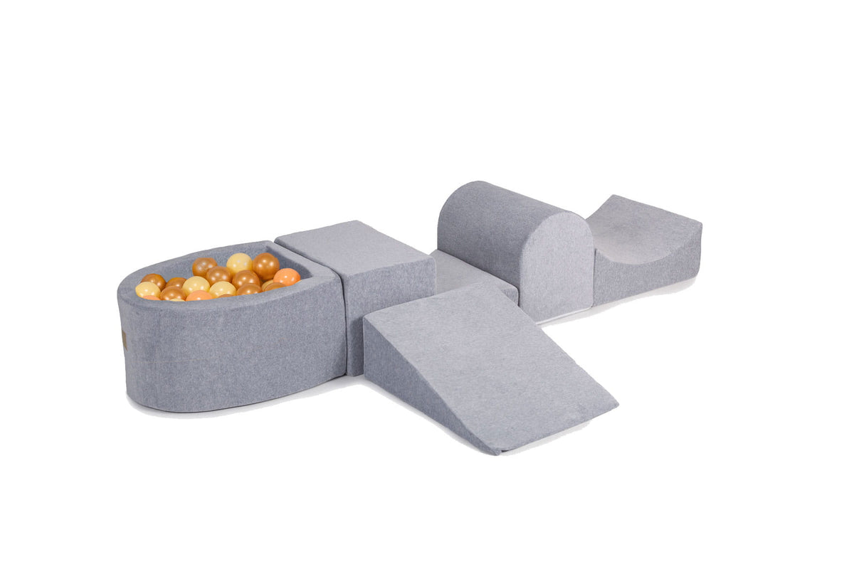 Foam Playset with Small Ball Pit Playground for Children with 100 Balls Certified, Velvet, Light Gray: Peach/Pastel Yellow/Gold