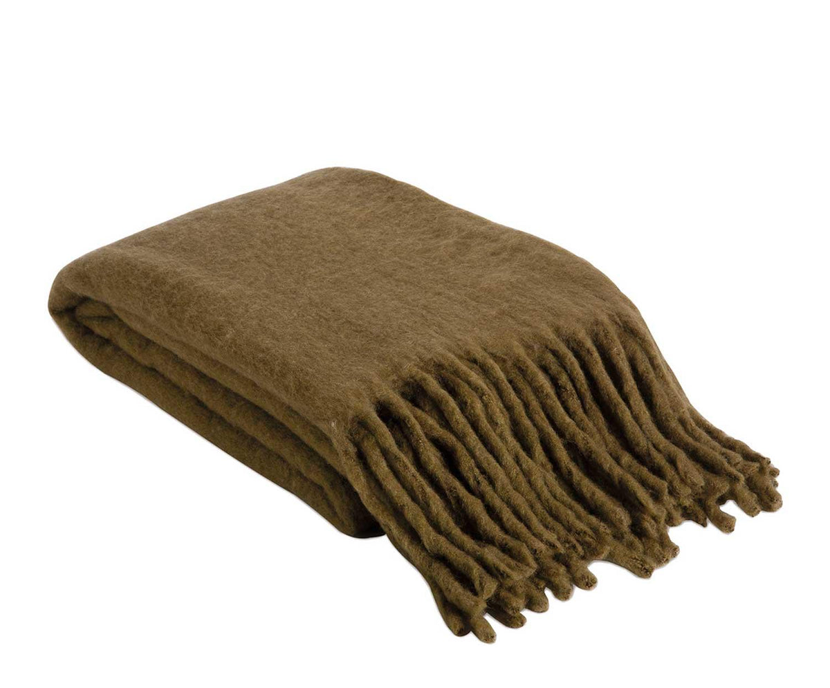 KHAKI WOOL BLANKET WITH FRINGES 125X150CM
