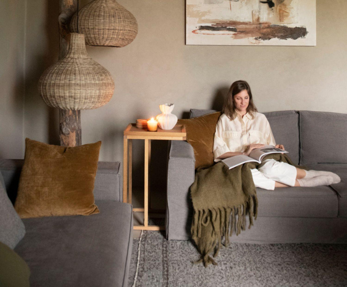 KHAKI WOOL BLANKET WITH FRINGES 125X150CM