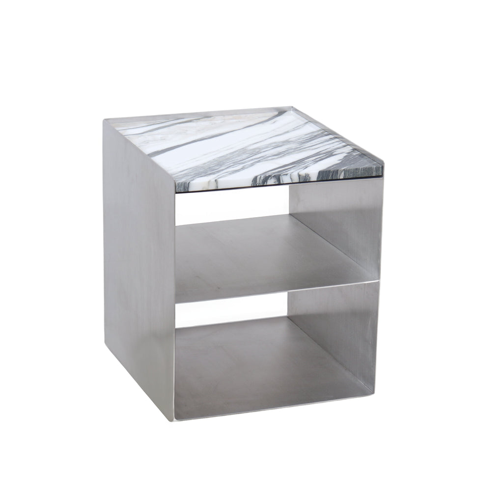 Coffee table Sofia W43 D38 H43.3 - Brushed steel - Italian blue white marble top - Straight edge