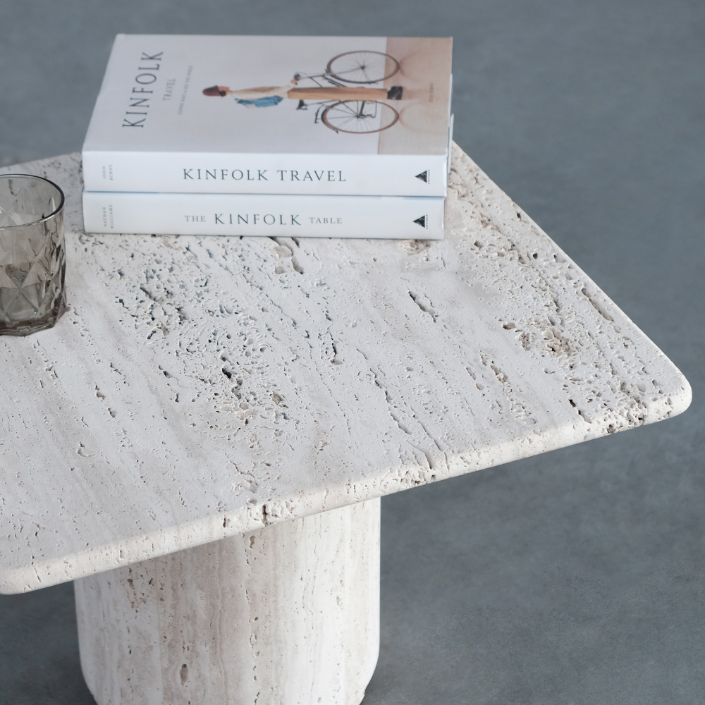 Coffee table Lyon W54 D54 H30cm - Rough white sandstone sandblasted- round bevel edge