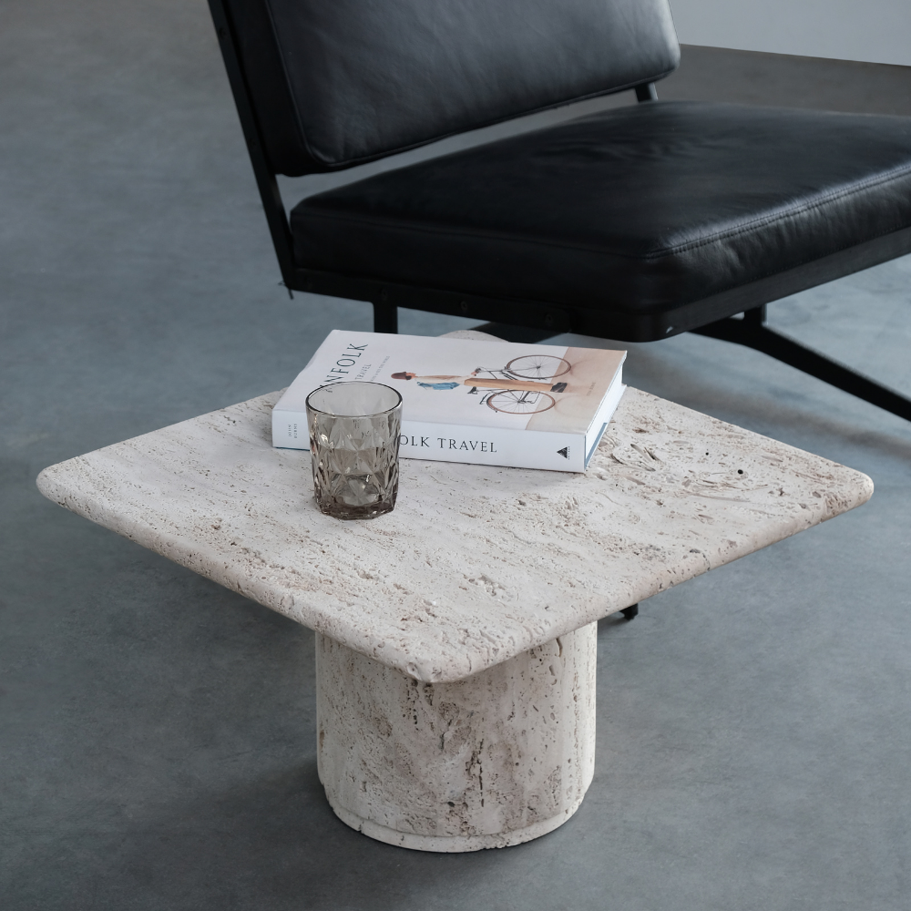 Coffee table Lyon-W54 D54 H25cm - Rough white sandstone sandblasted