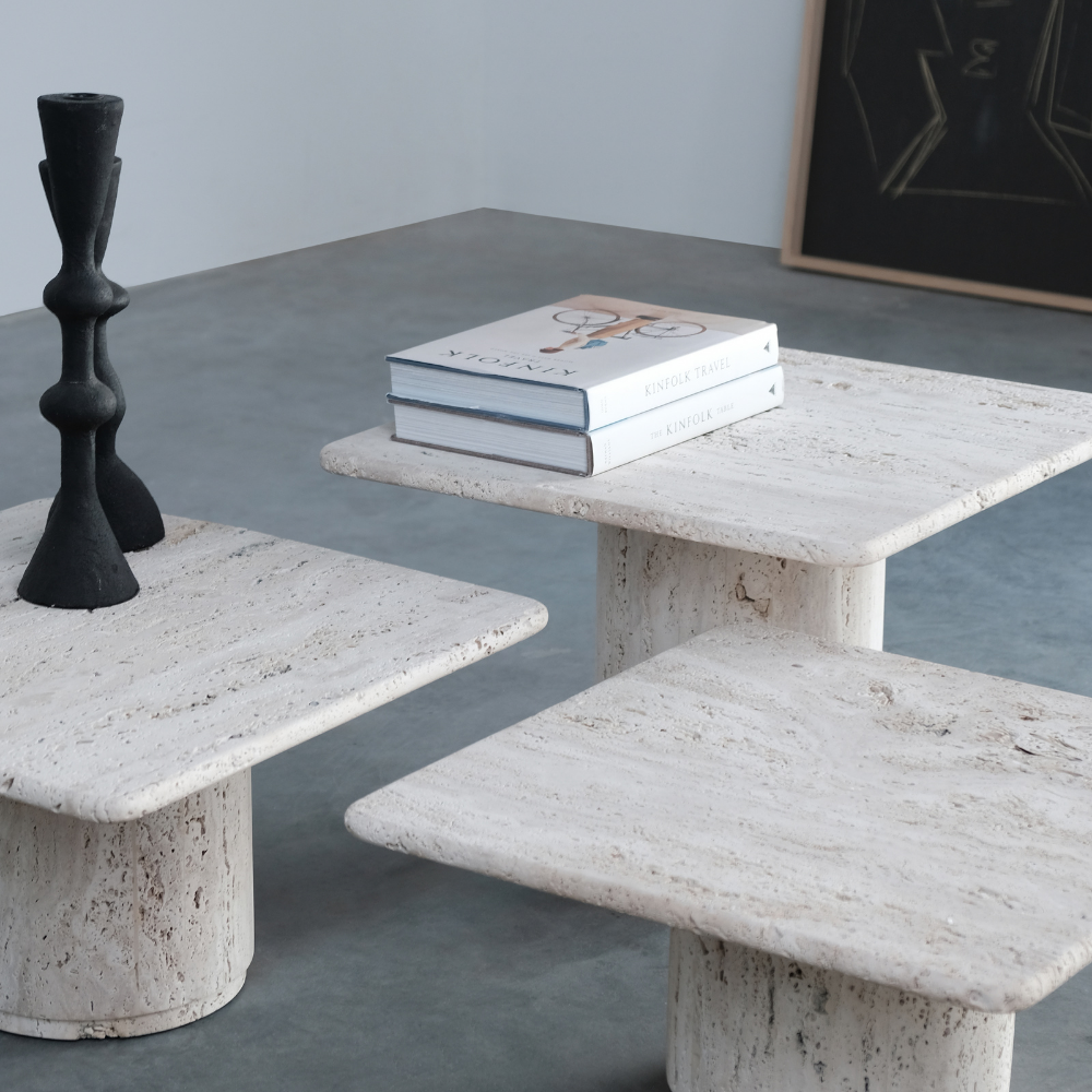 Coffee table Lyon W54 D54 H37cm - Rough white sandstone sandblasted- round bevel edge