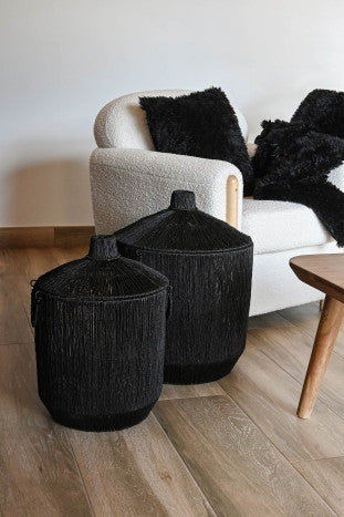 BASKET SET 2 JUTE METAL 40X40X52 WITH LID BLACK