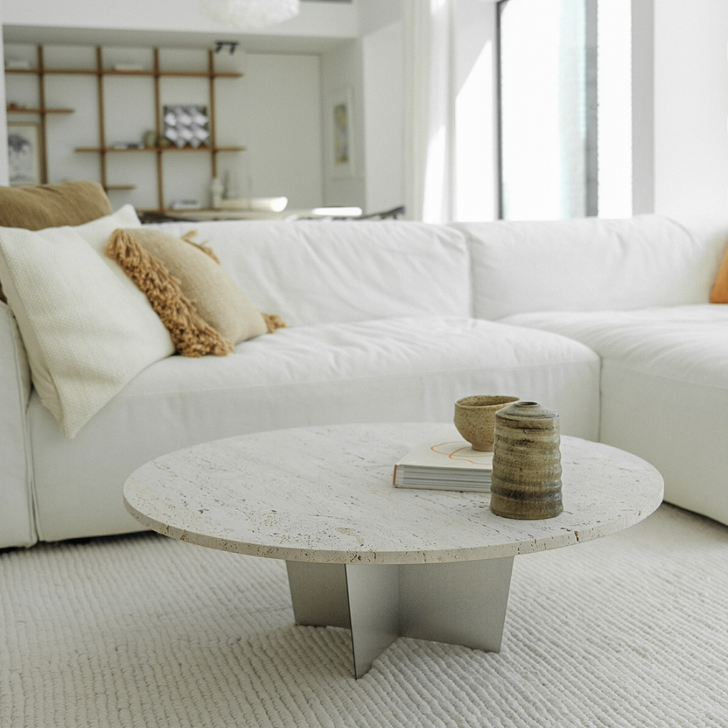 Coffee table Bonzac - 90 cm - Stainless steel - White Travertine - Unfilled