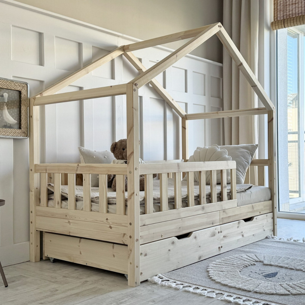Łóżko Housebed Gabby Plus – 2 szuflady 200×100 Naturalne drewno (szybka wysyłka 48h)