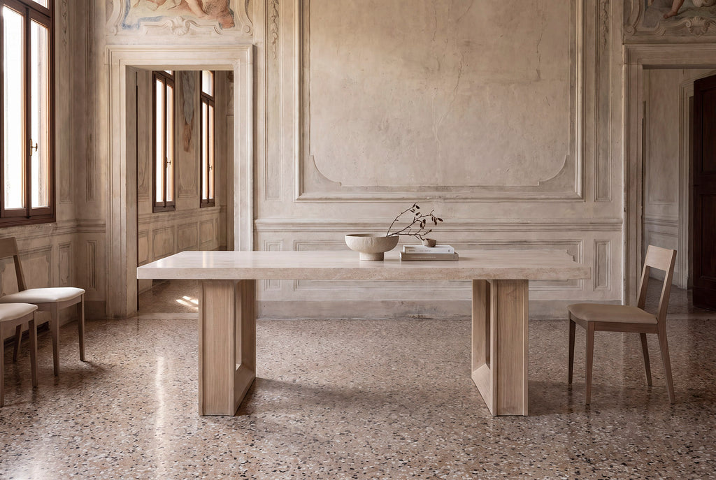 ELM/TRAVERTINE DINING TABLE