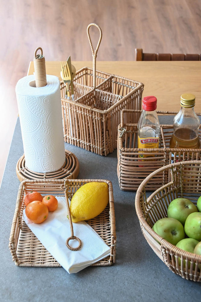 CUTLERY TRAY RATTAN IRON 19X19X30 NATURAL BROWN