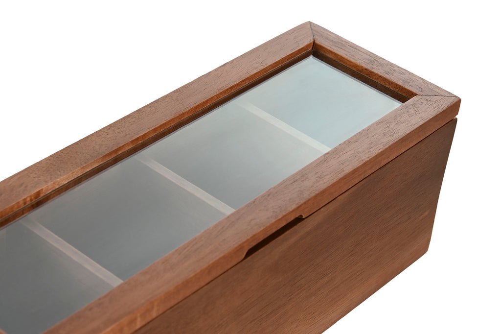TEA BOX ACACIA GLASS 26,5X9X9 4COMP, NATURAL