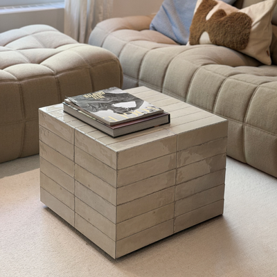 Coffee table Vence - W48 D48 H51 - light beige Tiles - metal edge