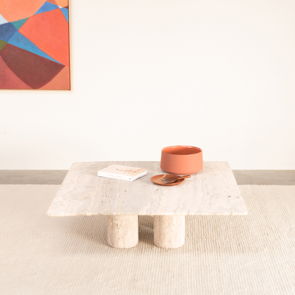 Toulouse coffee table - W100 D100 H35cm - White sandstone sandblasted- round edge
