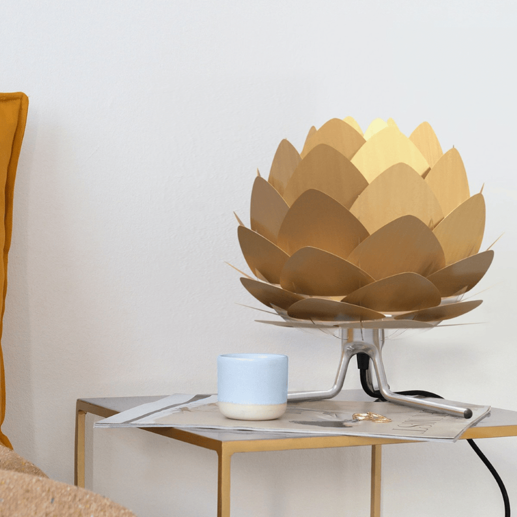 Aluvia Mini brushed brass on tripod base - lifestyle