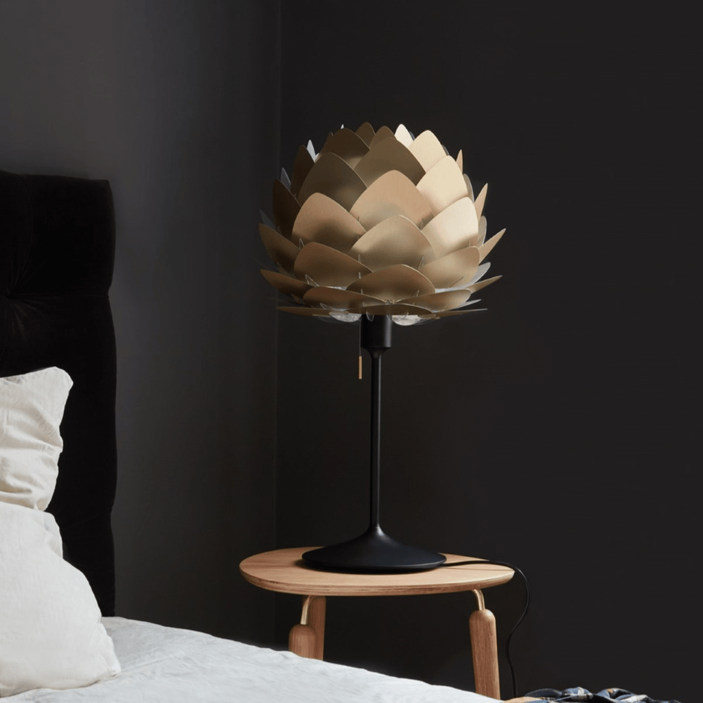 Aluvia Mini brushed brass on Sante table - lifestyle