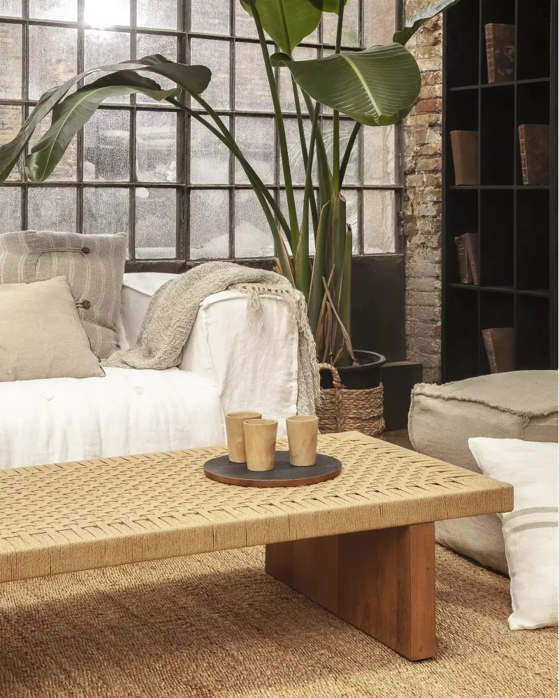 Teak wood and cord coffee table 150cm