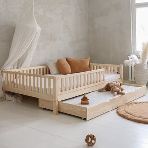 Basic Love Plus with railing 2/3 length 200x140 natural - drawer with sleeping function