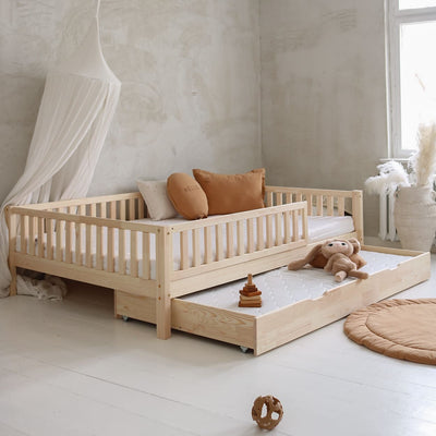 Basic Love Plus with railing 2/3 length 200x140 natural - drawer with sleeping function