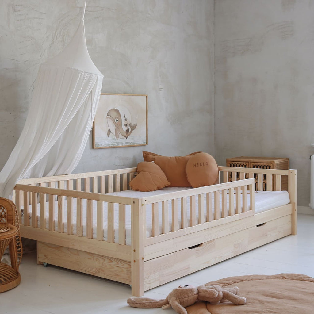 Basic Love Plus with railing 2/3 length 200x140 natural - drawer with sleeping function
