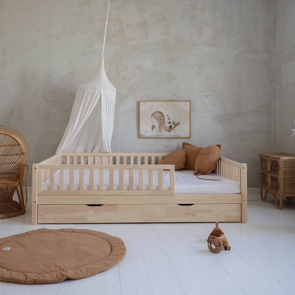 Basic Love Plus with railing 2/3 length 200x140 natural - drawer with sleeping function