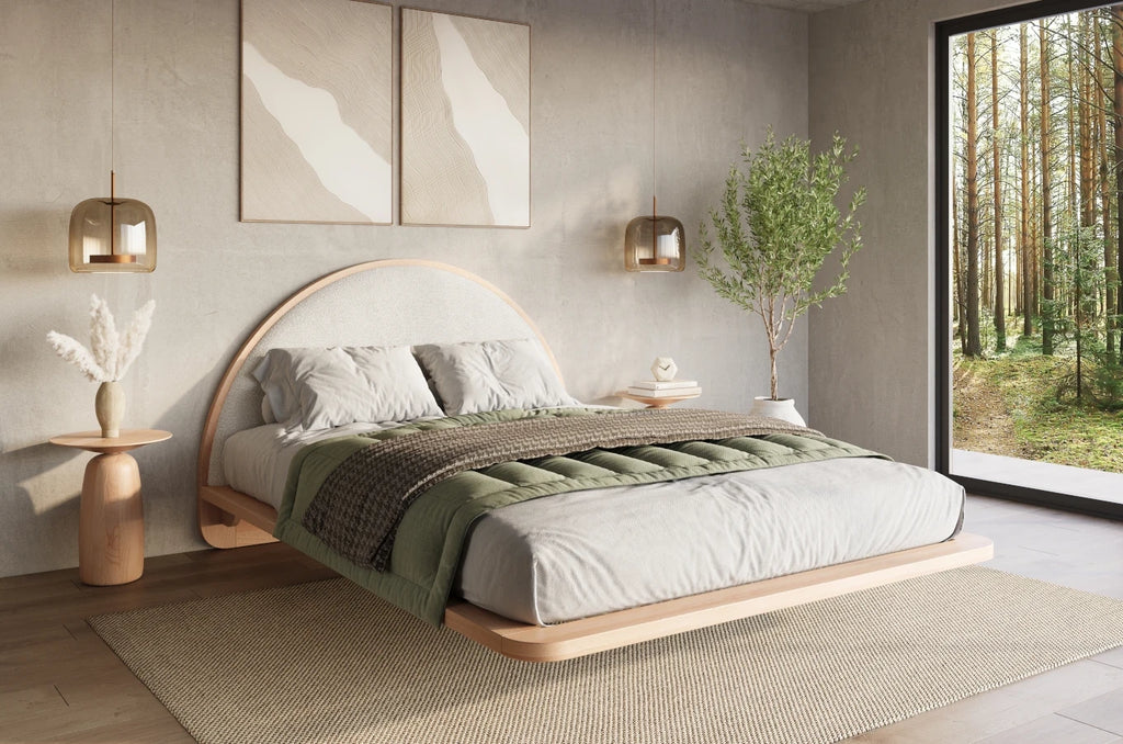 Beech wooden levitating bed in Japandi style