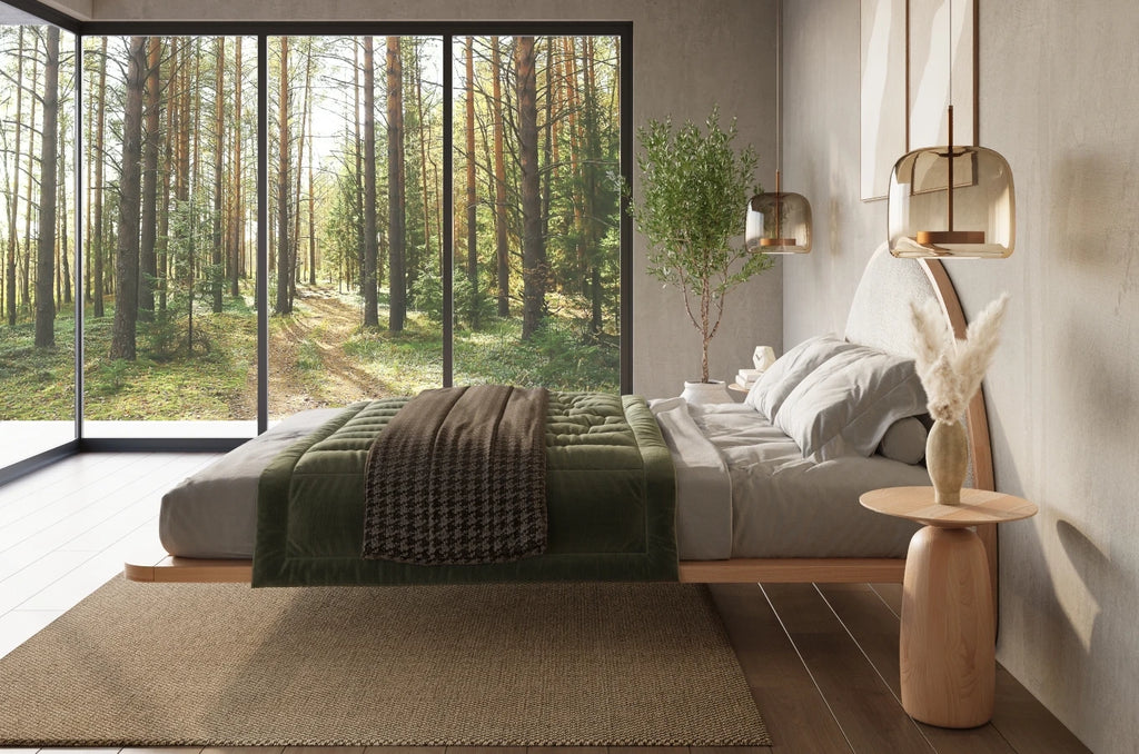 Beech wooden levitating bed in Japandi style