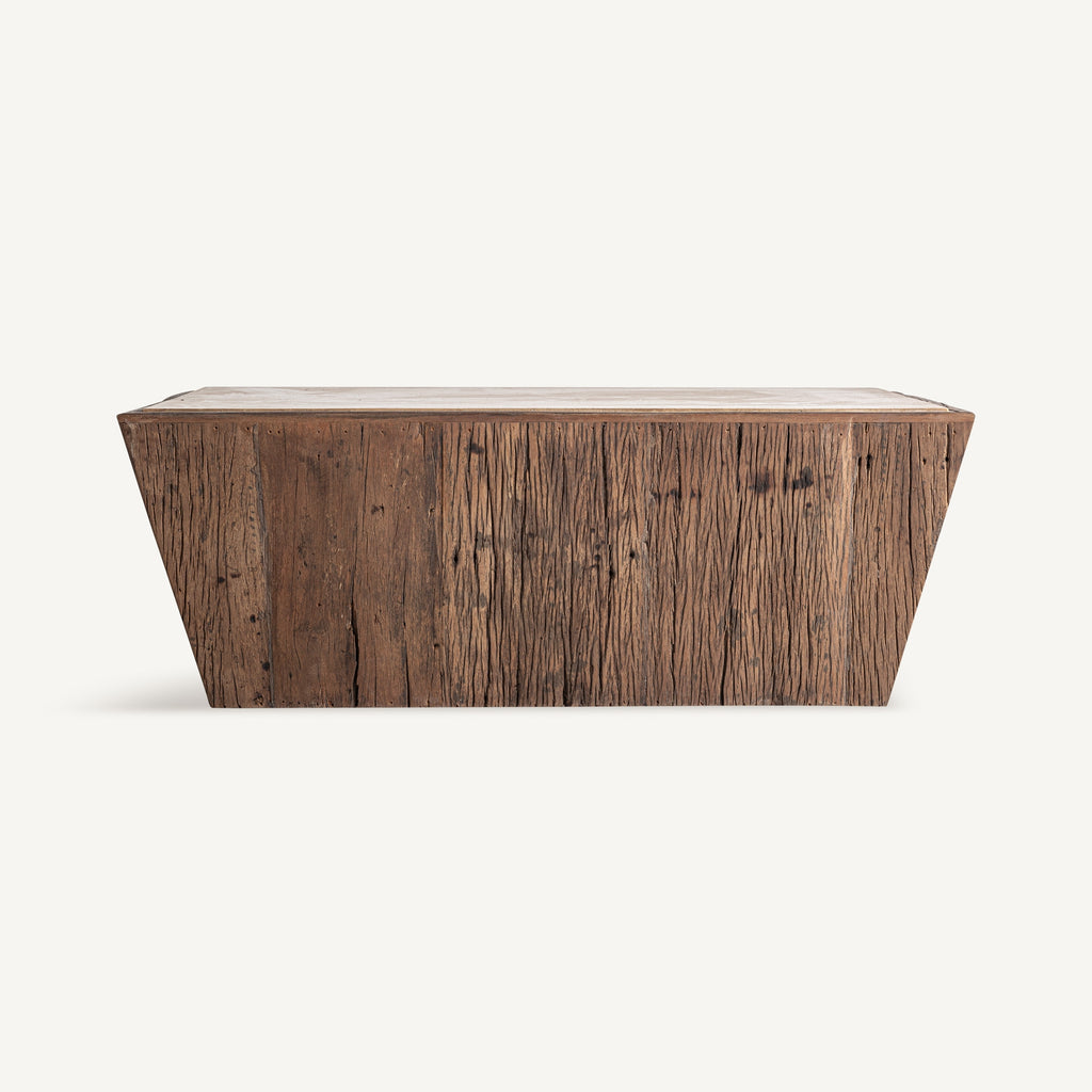 Square travertine/reclaimed wood coffee table