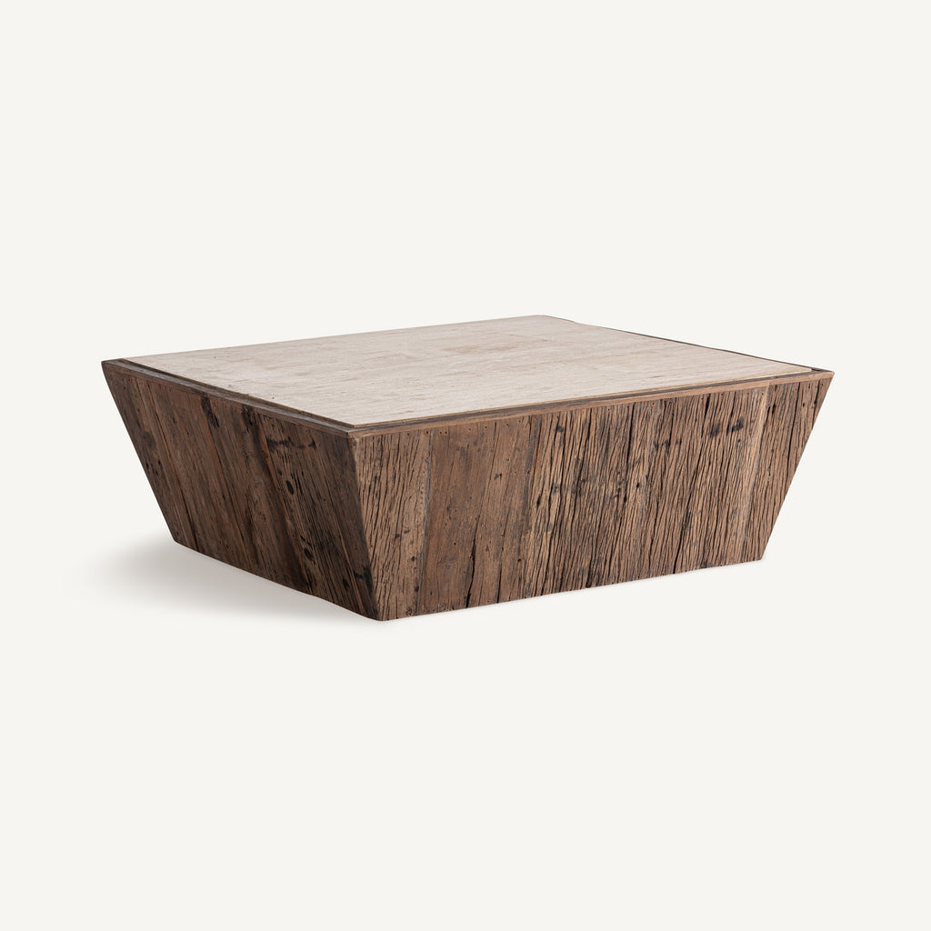 Square travertine/reclaimed wood coffee table