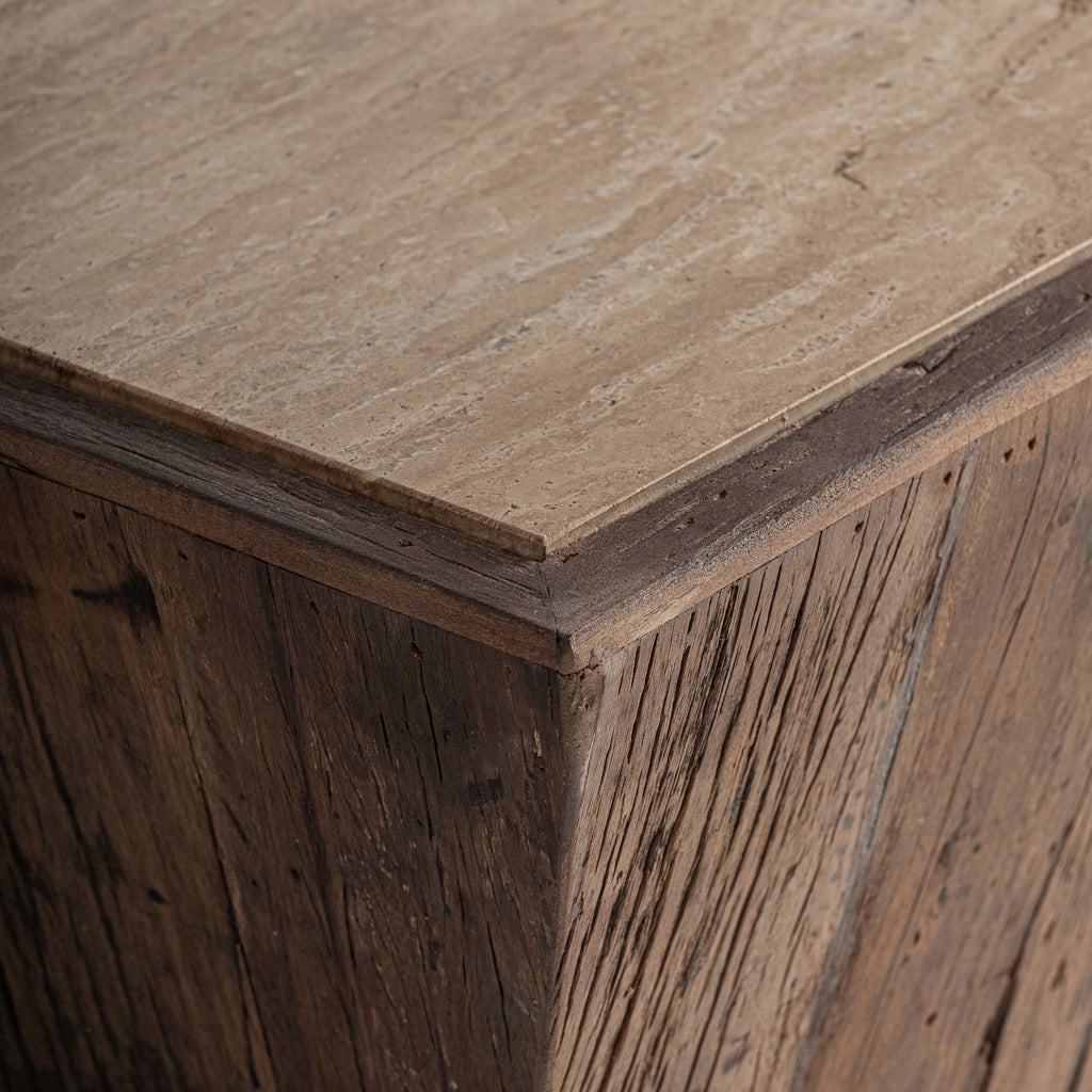 Square travertine/reclaimed wood coffee table