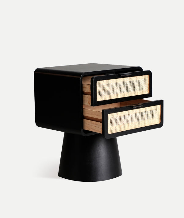 Beilen Black Pine Wood & Rattan Bedside Table