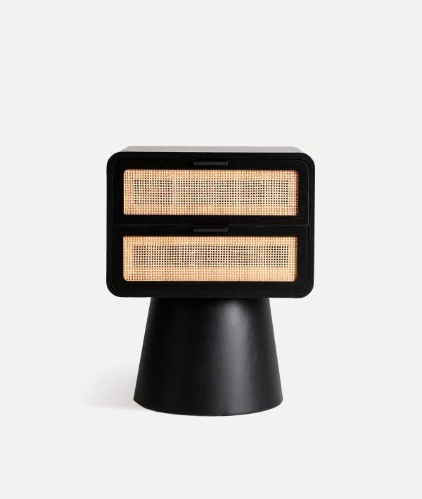 Beilen Black Pine Wood & Rattan Bedside Table 43x37x55 cm
