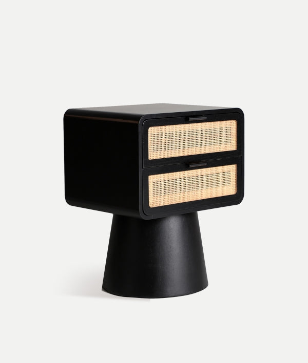 Beilen Black Pine Wood & Rattan Bedside Table
