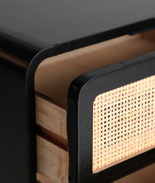 Beilen Black Pine Wood & Rattan Bedside Table