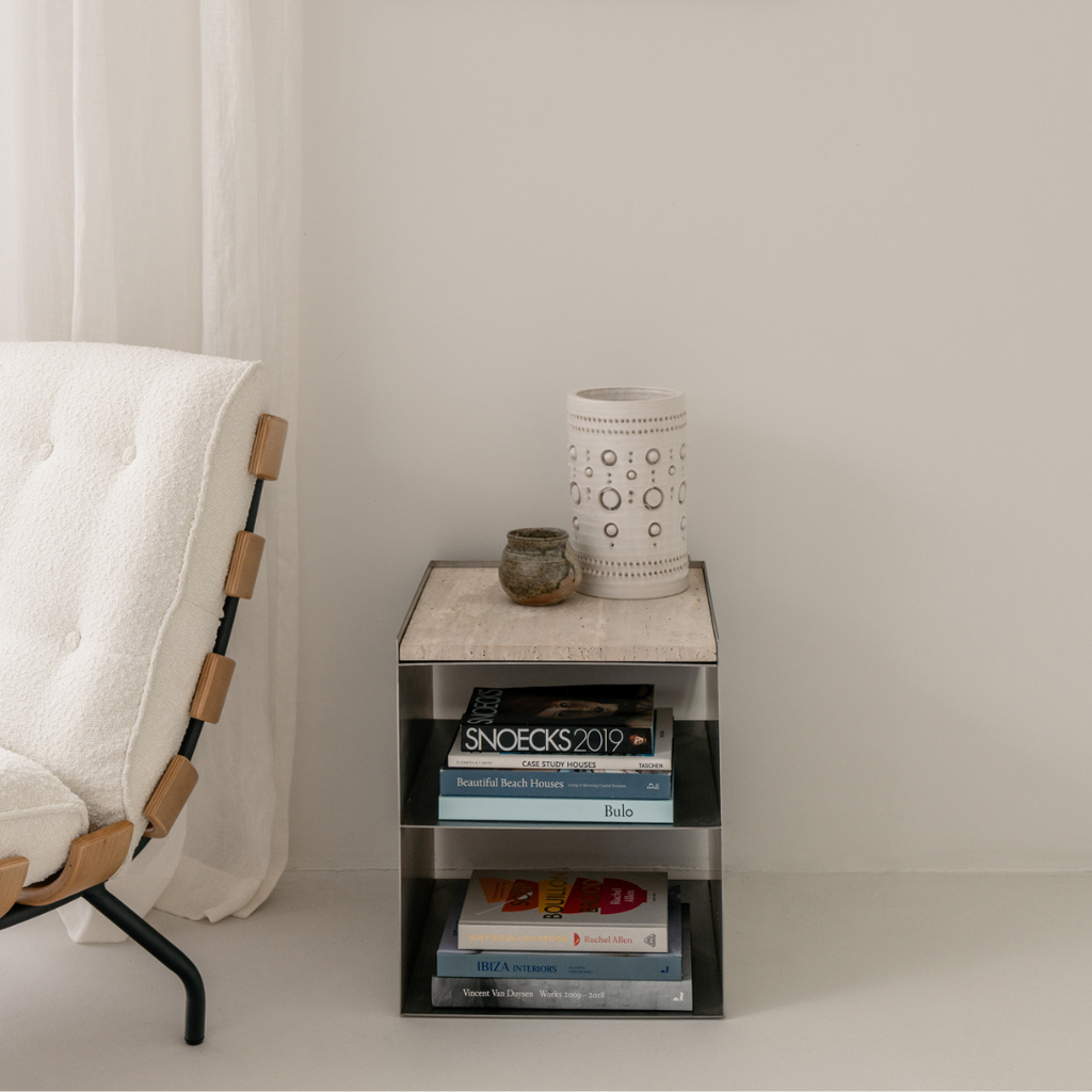 Coffee Table Sofia W43 D38 H43.3 - Brushed Steel - White Travertine Top - Straight Edge