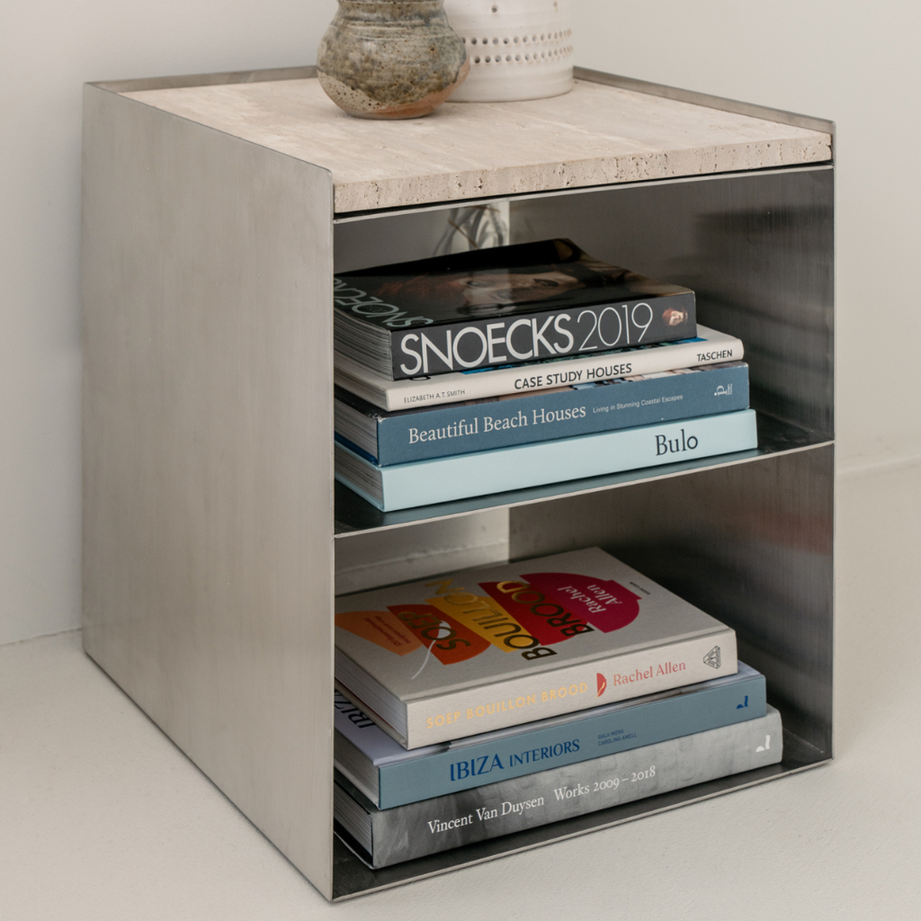 Coffee Table Sofia W43 D38 H43.3 - Brushed Steel - White Travertine Top - Straight Edge