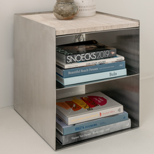 Charger l'image dans la galerie, Coffee Table Sofia W43 D38 H43.3 - Brushed Steel - White Travertine Top - Straight Edge