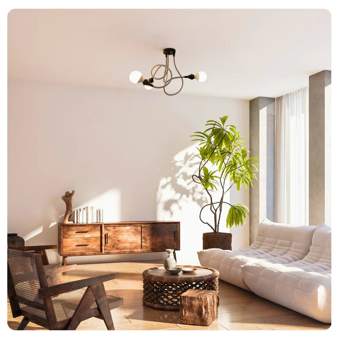 TWIST 3-light natural linen pendant in a living room
