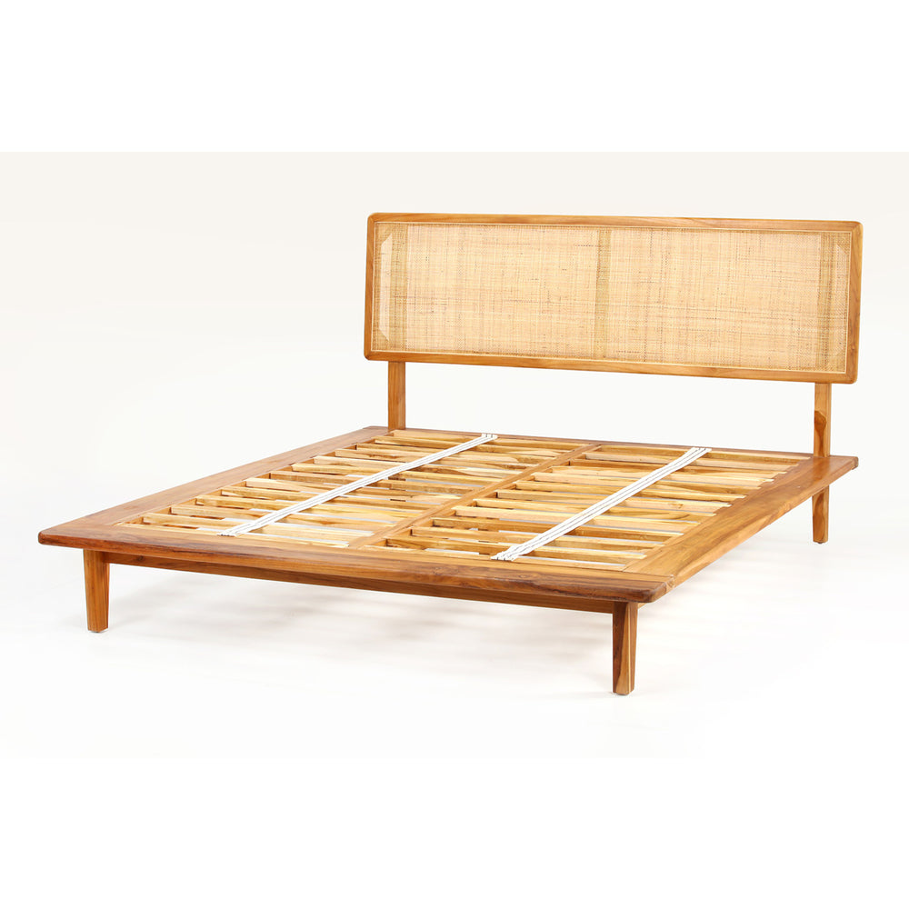 Teak Wood Bed Frame with Rattan Headboard