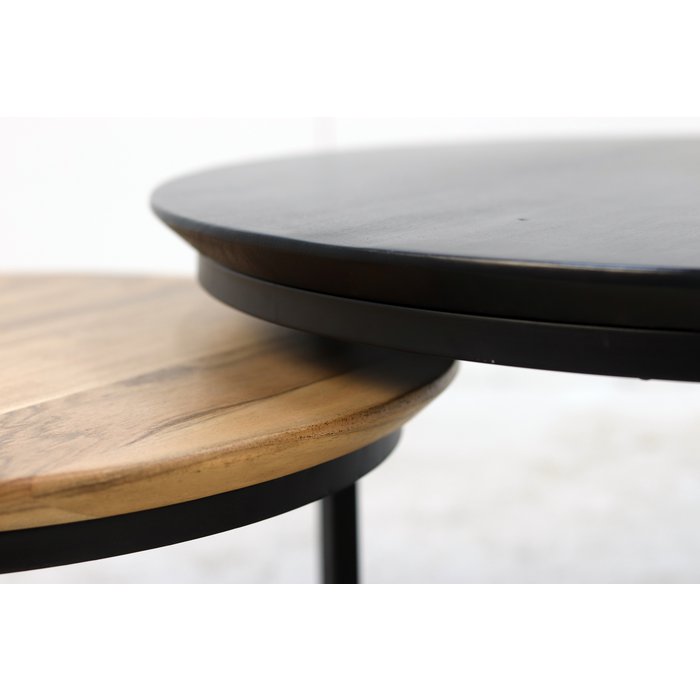 Coffee table - acacia wood / iron - ø80 / ø59 - powder coated black - set of 2