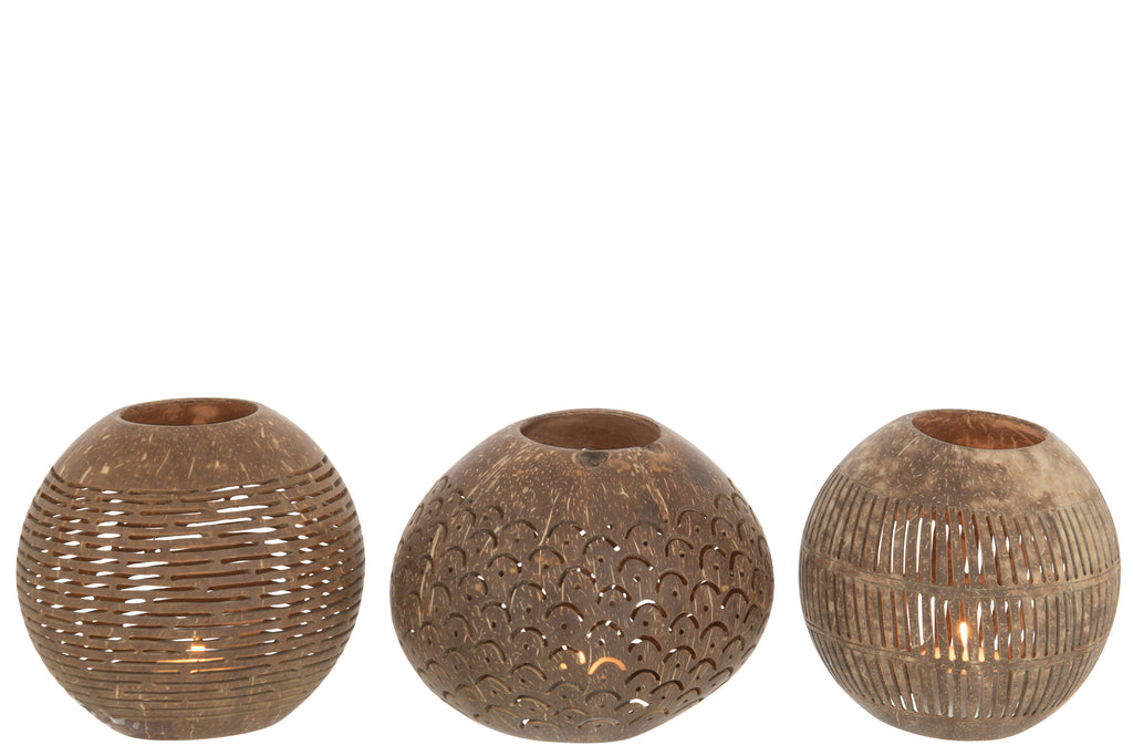 Tealight Holder Coconut Lines Brown Assortment Of 3