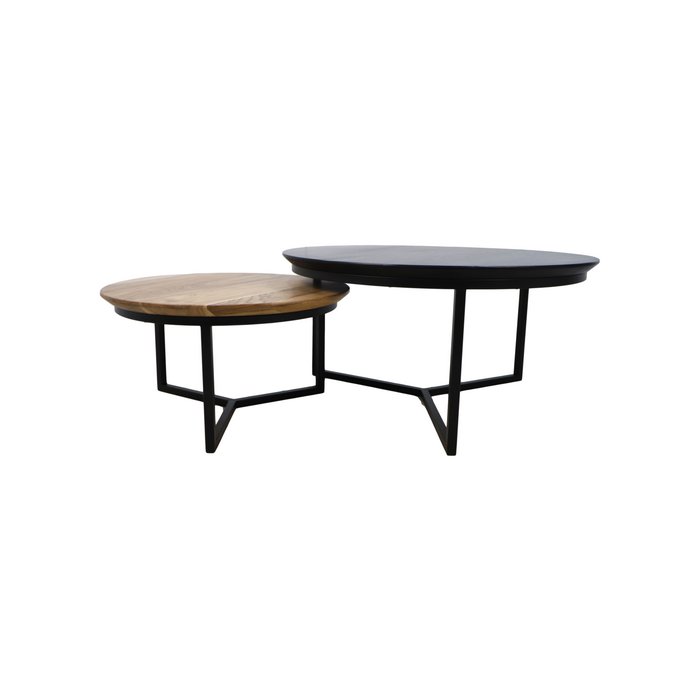 Coffee table - acacia wood / iron - ø80 / ø59 - powder coated black - set of 2